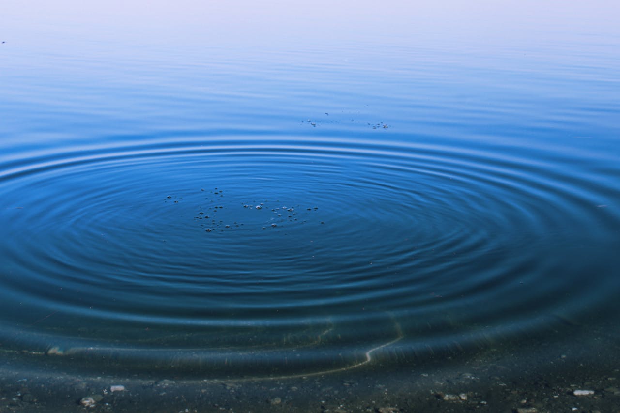 Peaceful scene of ripples expanding across a calm blue water surface.